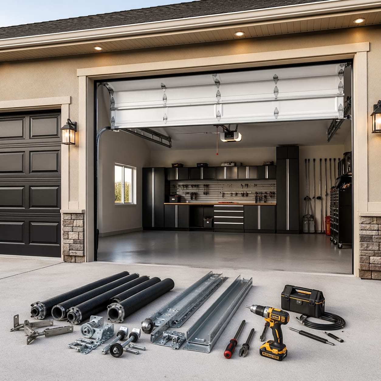Garage door spring repair tools and hardware